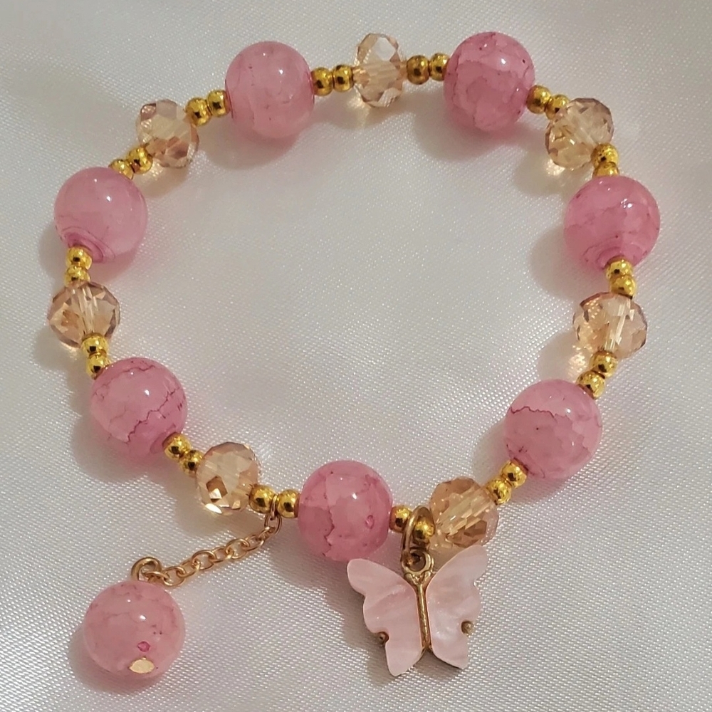 Elegant Stainless Steel Pink and Gold Butterfly Bracelet